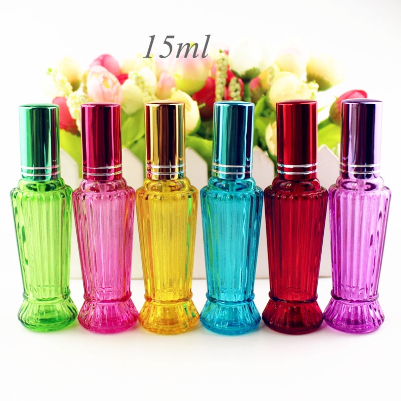 10 stuks/partij 15ml kleurrijke glazen parfumflesjes dikke mini lege geur cosmetische verpakking sprayfles hervulbare glazen flesjes
