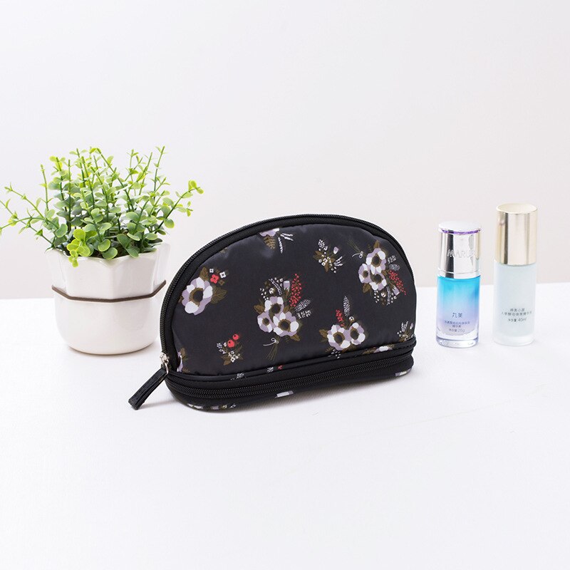 FUDEAM Oxford Multifunction Women Travel Storage Cosmetic Bag Toiletry Organize Semicircle Make Up Bag Eyebrow Pencil Pouch Bag: Black Flower