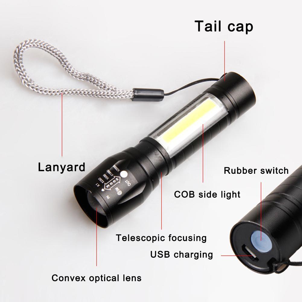 Linterna LED pequeña con luz lateral COB, luz fuerte, Zoom telescópico, Kit de carga USB, Mini linterna 511