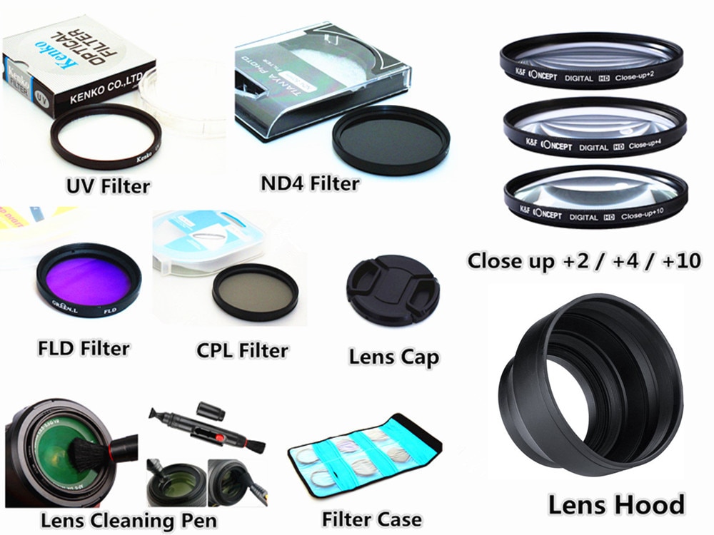 Filter (UV CPL FLD ND4 Close up + 2 + 4 + 10) + Zonnekap + Cap + Cleaning pen voor Panasonic Lumix FZ80 FZ82 FZ83 FZ85 Camera