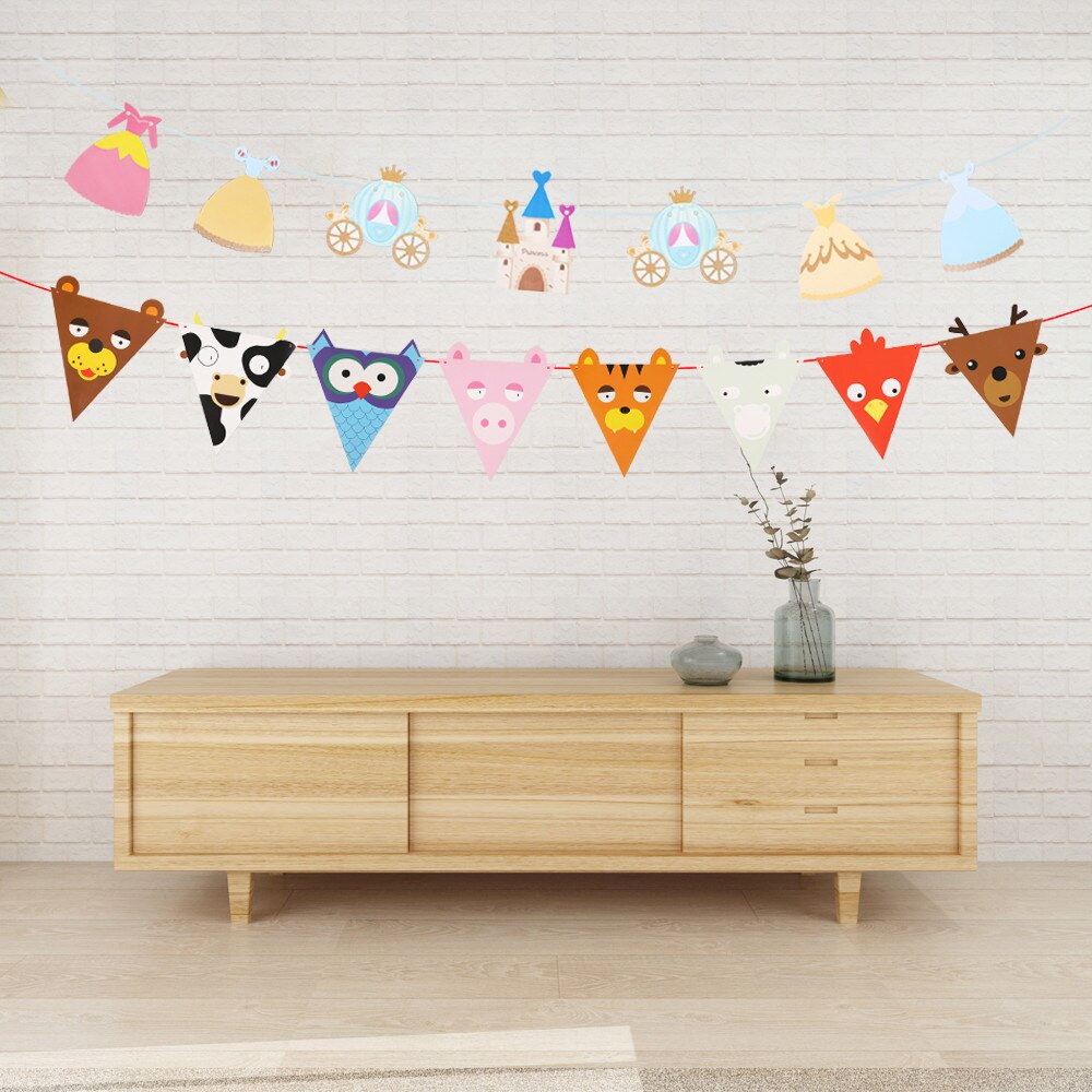 3M Animal Printed Triangle Flags Princess Castle Shape Banner Hanging Kids Birthday Bunting Pennant Garland String Party Decor