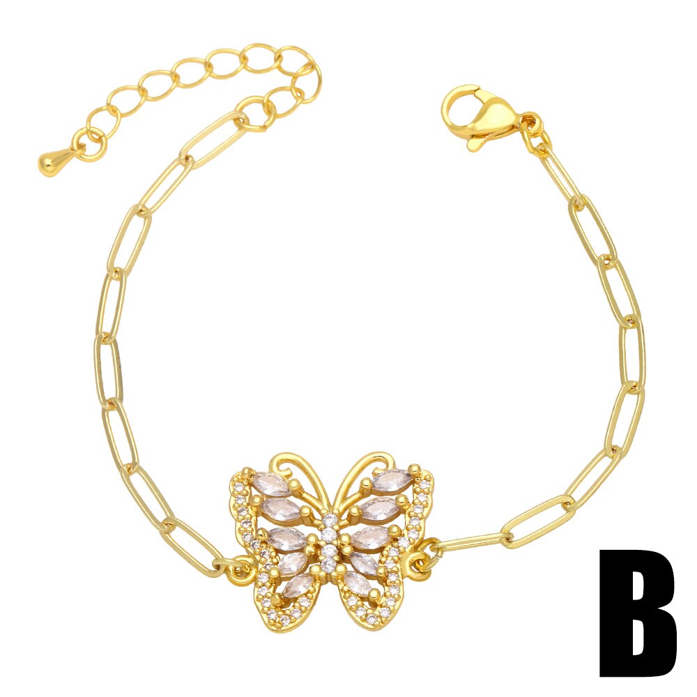 Flola Koper Zirkoon Vlinder Armbanden Voor Vrouwen Gouden Kralen Ketting Elastische Touw Parel Armband Crystal Sieraden Brtf64: f64-b