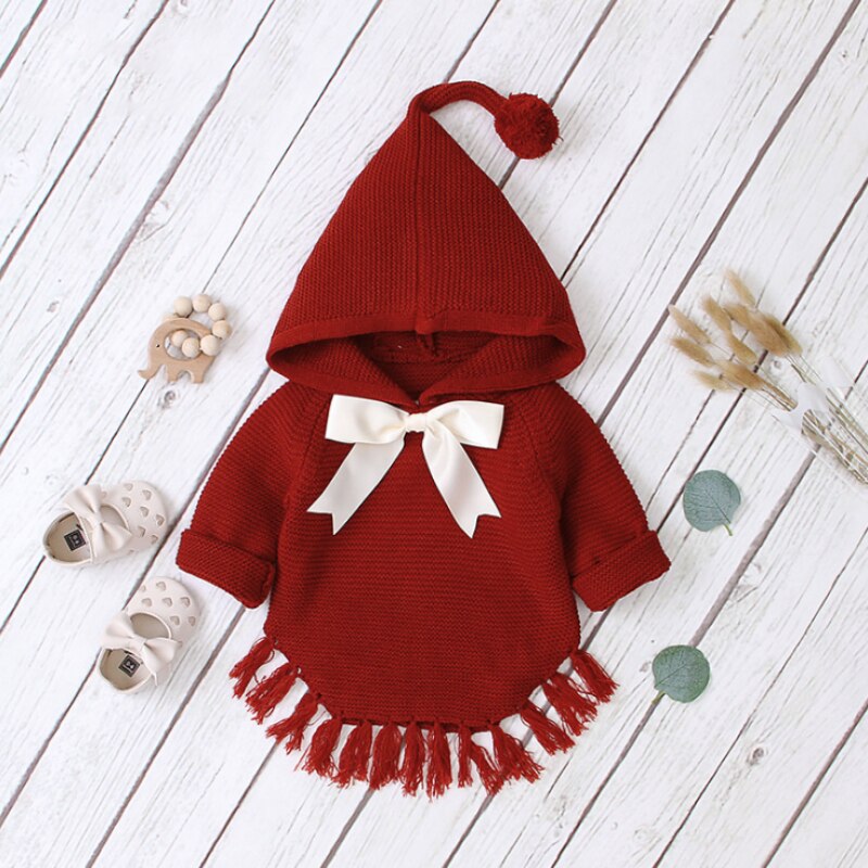 Bébé fille pull hiver tricoté à capuche enfant en bas âge fille vêtements à manches longues Bow infantile vêtements gland coton bébé Cardigan: Rouge / 9M