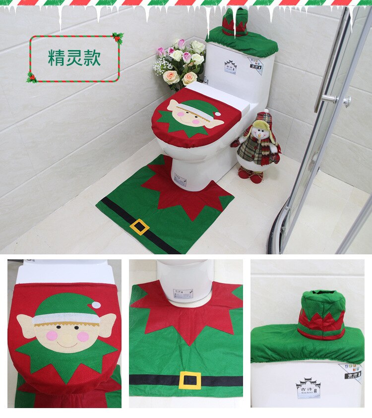 Juletoilet dæksel ældre snemand badeværelse tredelt toilet toiletsæde pad vandtæksel papir håndklæde sæt: Alfer