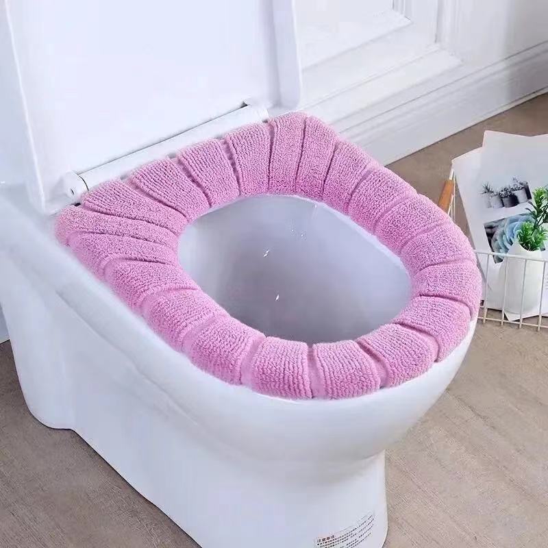 Winter Warm Toilet Seat Cover Closestool Mat 1Pcs Washable Bathroom Accessories Knitting Pure Color Soft O-shape Pad Bidet Cover: Pink