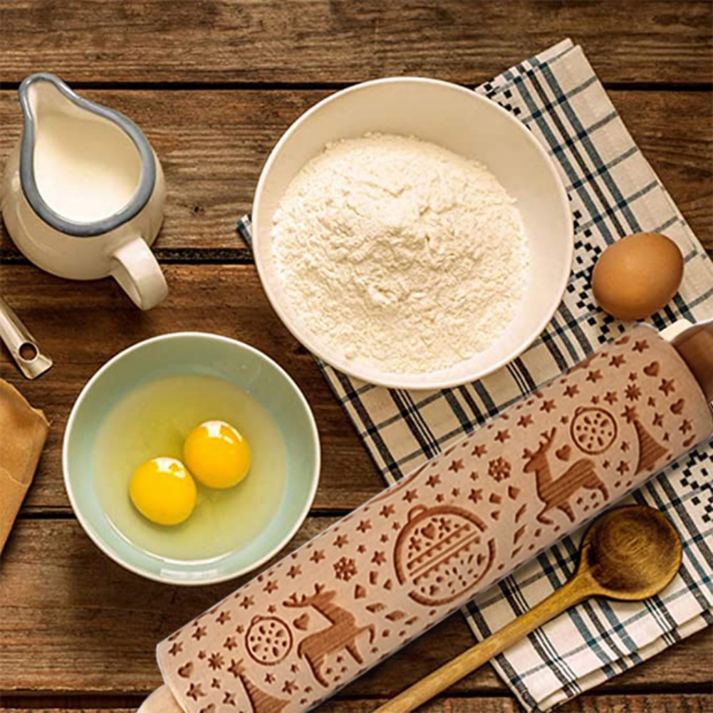 Wood Embossing Pizza Roll Pin Fondant Dough Deer Pattern Engraved Roller Stick Baking Pastry Tool Baking Christmas Accessories
