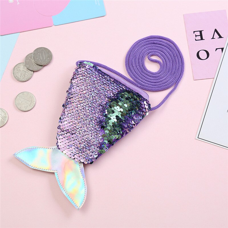 Kids Mermaid Tail Shape Sequins Mini Shoulder Bag Zipper Coin Purse: Lavender