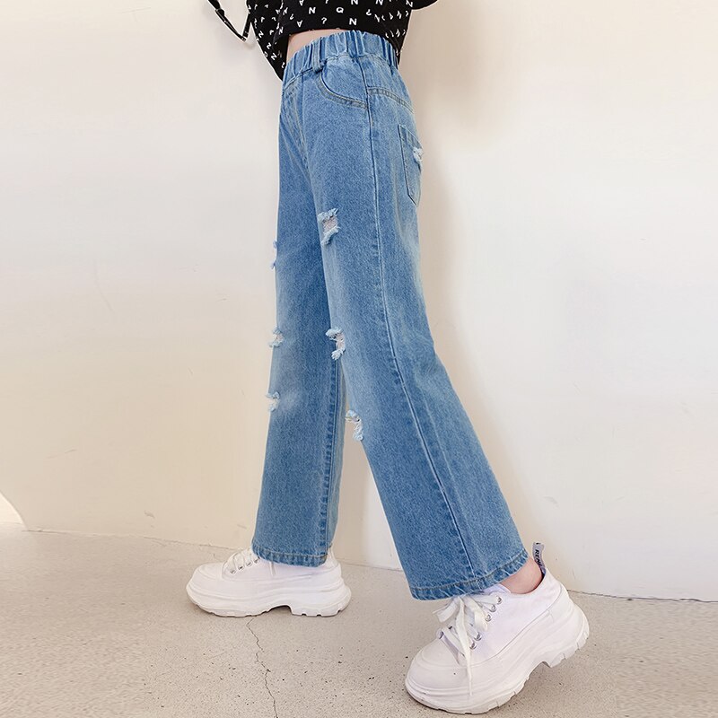 Jeans For Girls Spring Autumn Children Hold Broken Jean Pants Loose Casual Style Kids Denim Bottom Trousers Girls Clothing 4-14Y