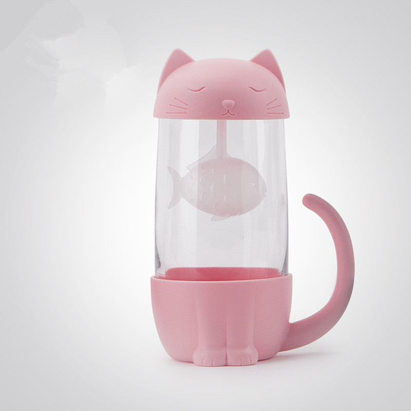 Leuke Kat Glas Kopje Thee Mok Met Vis Zetgroep Zeef Filter Thuiskantoren: 2