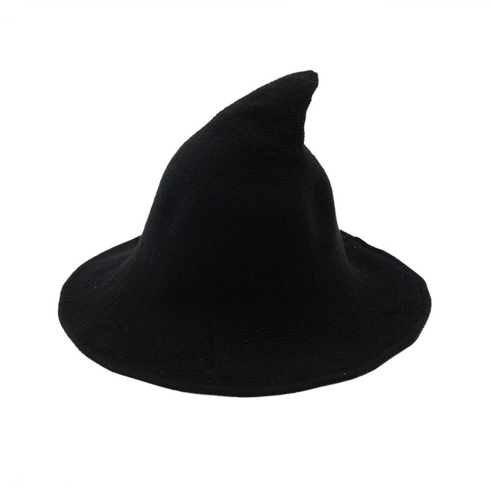 Halloween dame bred skygge uldstrik hekse hat kostume fest cosplay spand cap uld strik heks hatparty cosplay spand cap: Sort