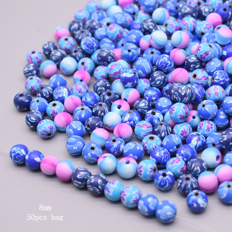 Cuentas de arcilla polimérica de 6/8/10mm, cuentas con estampado de flores, cuentas redondas sueltas para hacer joyería, pulsera DIY: Rosa fuerte