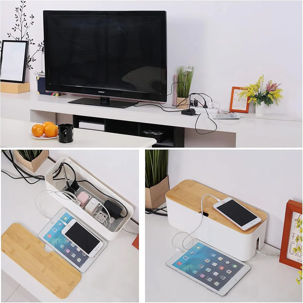 Caja de gestión de cables, caja de almacenamiento de tablero de conexiones de cables con cubierta de bambú, ocultar cables y regletas eléctricas, caja organizadora de cables para computadora de escritorio