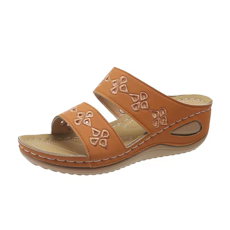 Vrouwen Slippers Borduur Bloemen Lederen Dames Sandalen Outdoor Licht Casual Wiggen Slippers Slip op Zomer Schoenen voor Vrouw