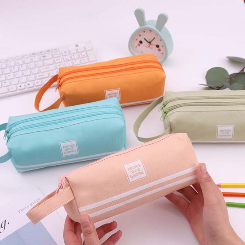 1Pcs Square Pencil Box Pencil Case Large Capacity Double Layer Students Solid Fabric Pen Bag