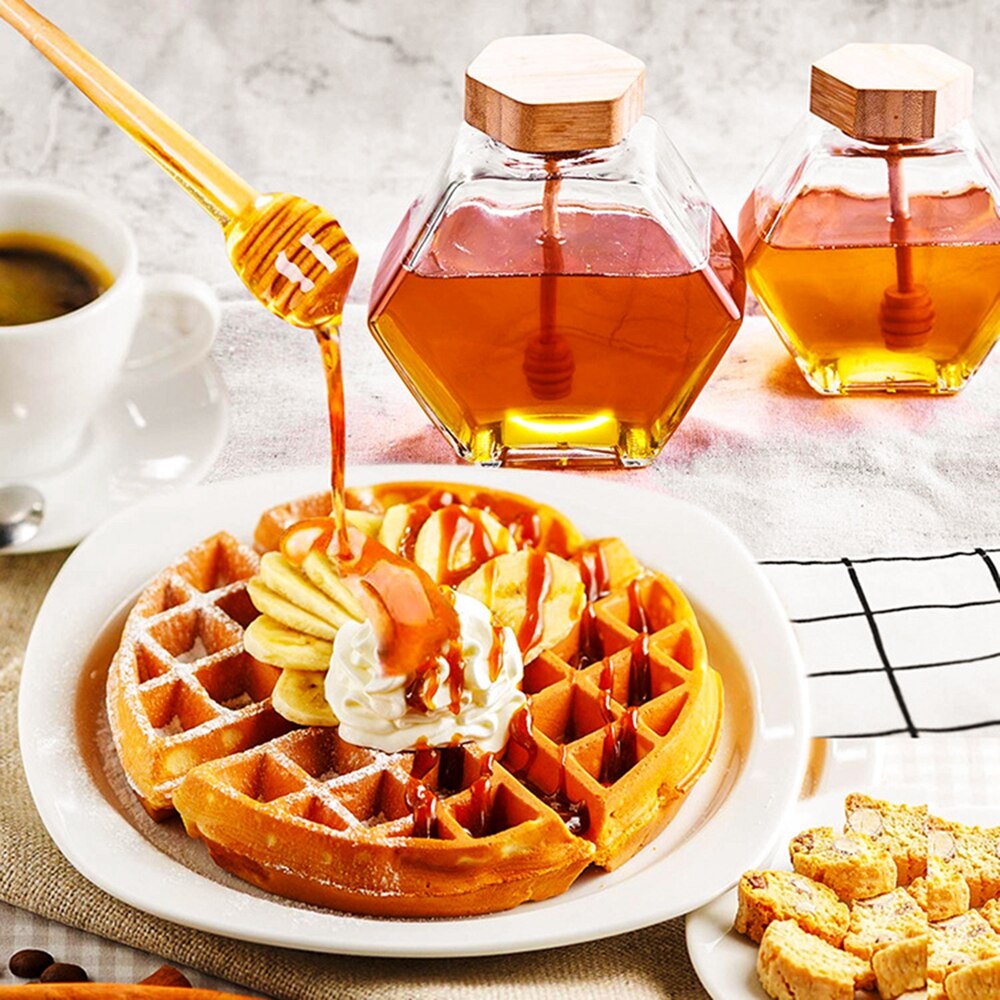 220Ml/380Ml Zeshoekige Glas Honing Fles Met Houten Roerstaafje Afdichting Honing Pot Clear Jampot Keuken thuis Opslag