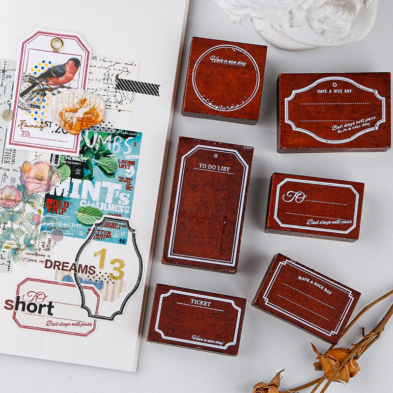 Retro Frame Label Decorative Stamps Wood Mounted Rubber Stamps for Card Making DIY Crafts Scrapbooking Journal Planner