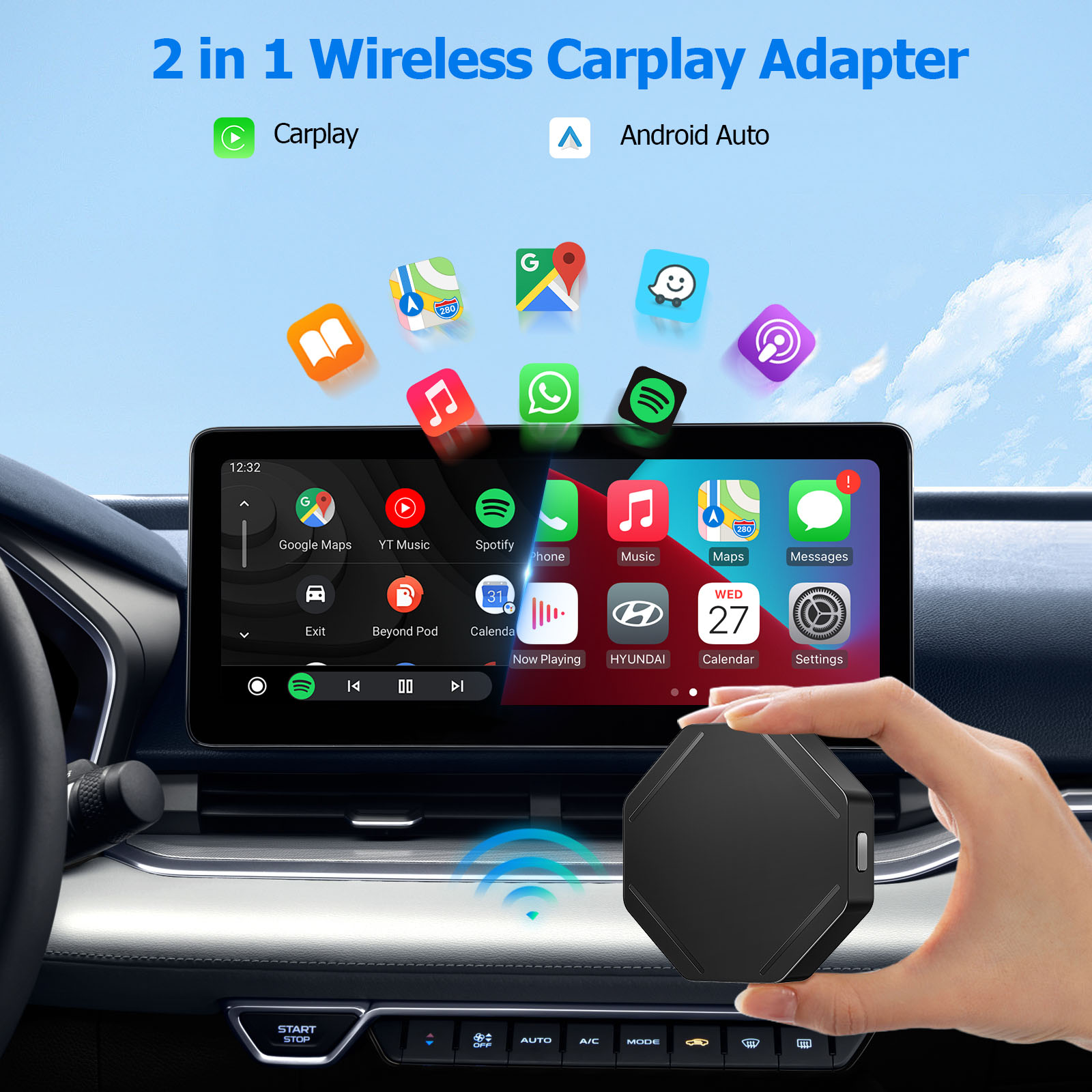 2-in-1 draadloze CarPlay-adapter Bedraad naar draadloze Carplay voor Android Auto/Carplay USB-aansluiting Auto-auto-adapter Plug & Play