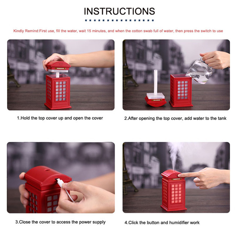 Budka telefoniczna nawilżacz z lampka aromatyczna OLEJEK ETERYCZNY ultradźwiękowy dyfuzor aromat dyfuzor powietrza mini USB nawilżacze zamgławiacz