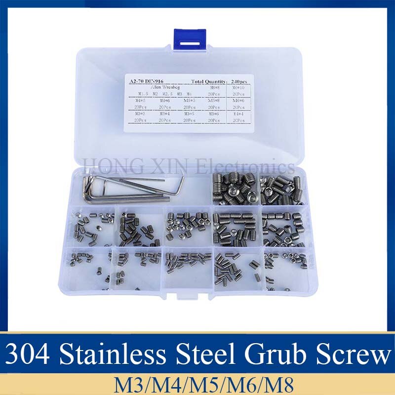 240pcs/Set Cup Point screw M3/M4/M5/M6/M8 Hex Thread Stainless Steel PC Assortment Grub Screws Bolt Assortment Socket kit