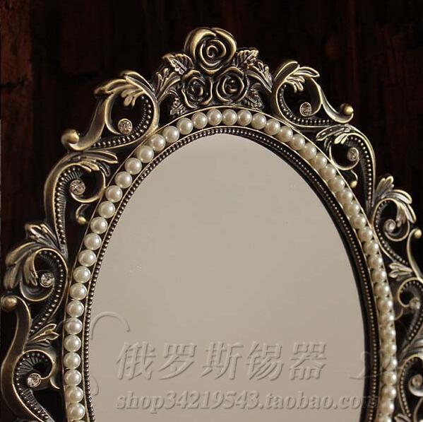 Espejo cosmético de escritorio retro para maquillaje, marco de metal con perlas en relieve floral, Decoración de mesa, bronce plateado, 337A