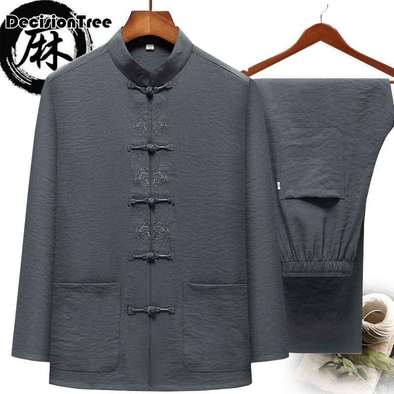 Katoenen linnen tweezijdige traditionele chinese outfit tang-pak met lange mouwen hanfu-top kungfu-jas + broek uniform voor mannen
