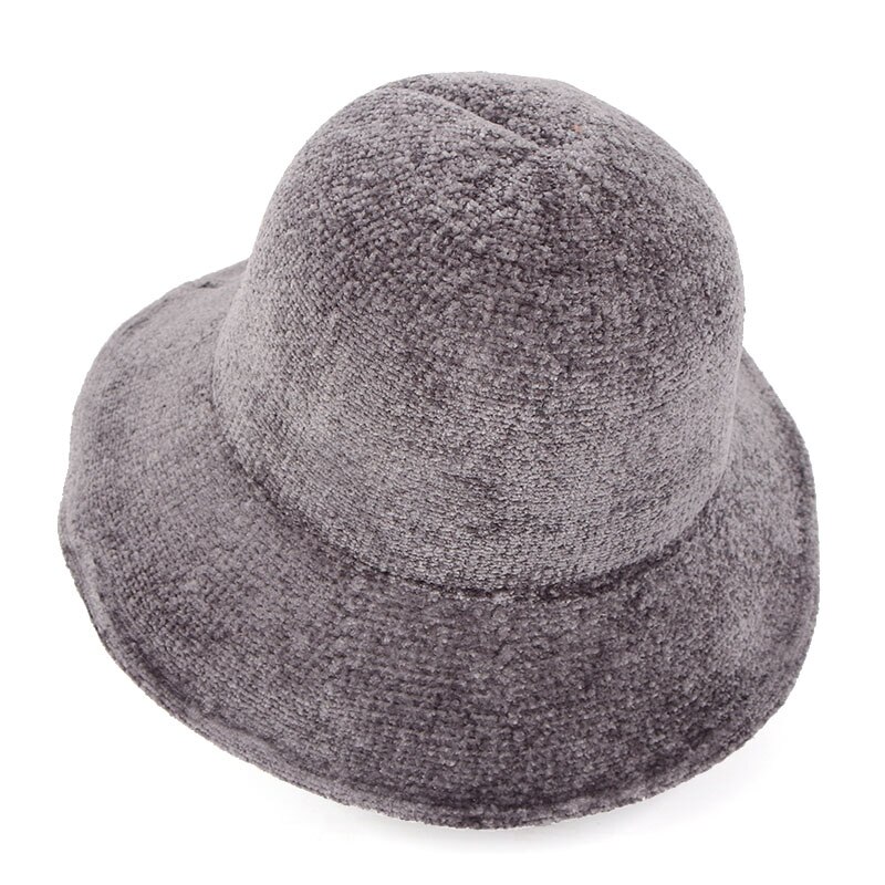 Vinter bred birm varm pels spandhue kvinder koreansk vintage filt chenille foldbar kuppel panama trilby hat sort fiskeri hat: Grå