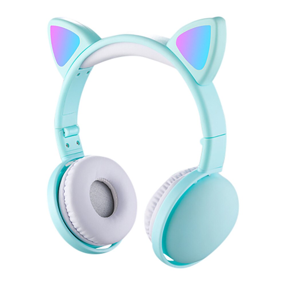LED Cat Ear Noise Cancelling Headphones Bluetooth 5.0 LED Light Foldable Adjustable Headset 3.5mm Plug With Mic: Green 