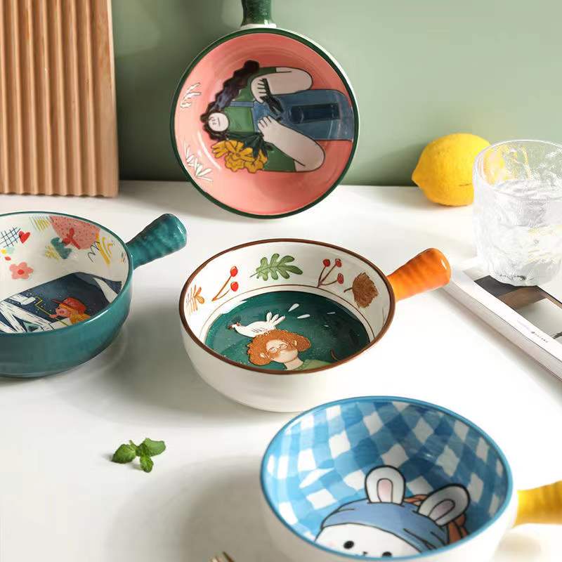 Cuenco de cerámica de un solo Mango, cuenco de fideos con de cuento de hadas de dibujos animados, cuenco grande, cuenco para restaurante, decoración del hogar