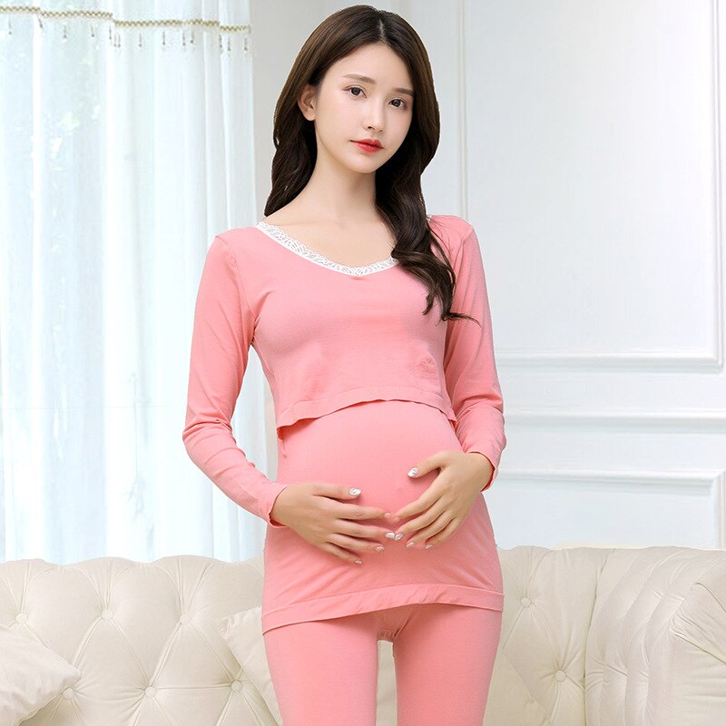 Nueva ropa de dormir de invierno, conjunto Prenatal posparto, ropa interior cálida de otoño para mujeres embarazadas, engrosamiento de sueño de lactancia: Rosa