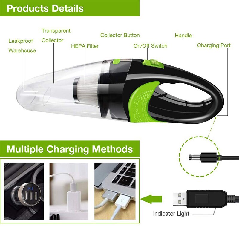 Aspiradora de coche aspiradora inalámbrica para coche potente 120W USB de mano aspiradora automática Robot inalámbrico aspiradora para ordenador de coche en casa aspiradora de mano aspiradora para auto