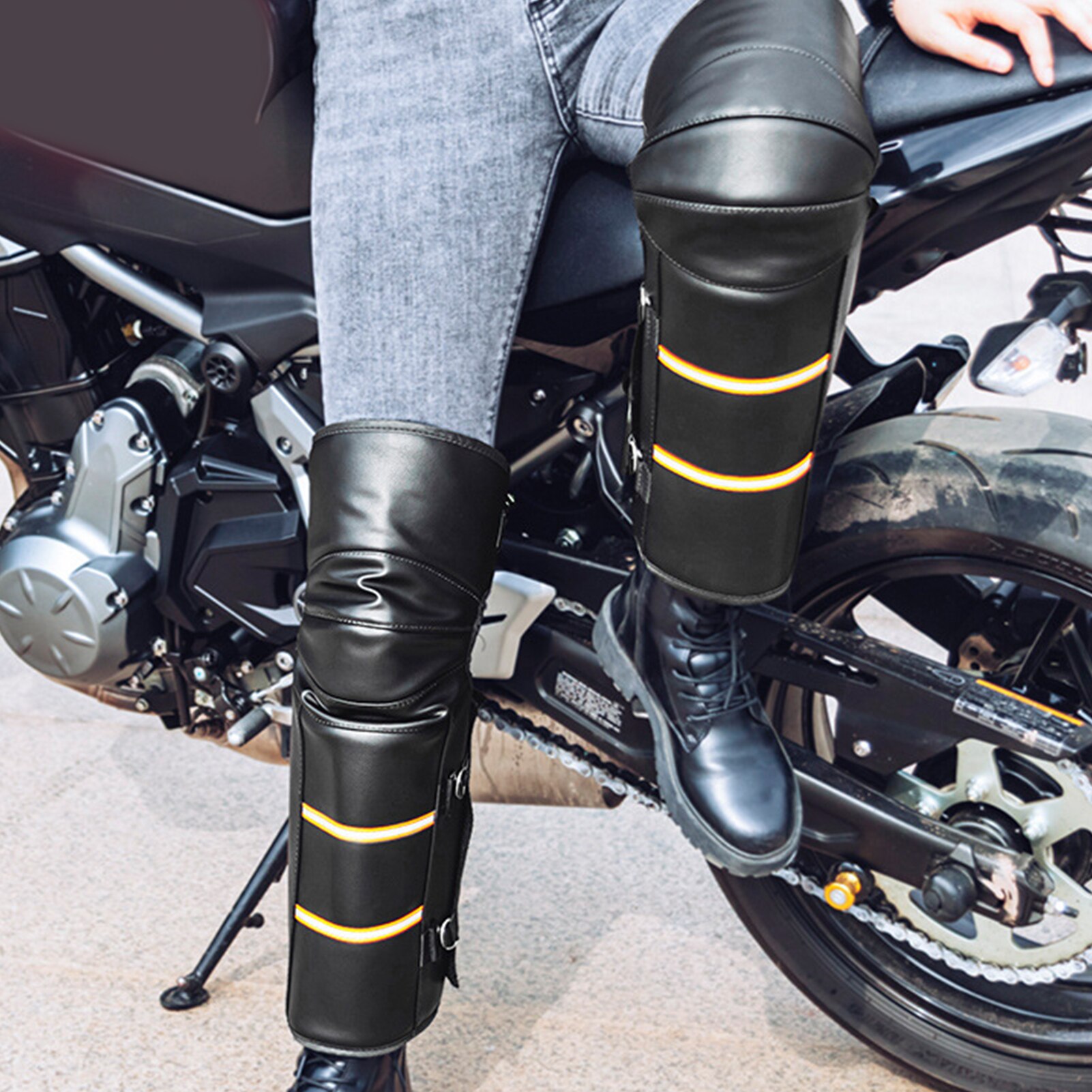 PU Leather Motorcycle Kneepad Windproof Leg Warmer Knee Pad Guards With Reflective Strips Long Compression Leg Sleeves Braces
