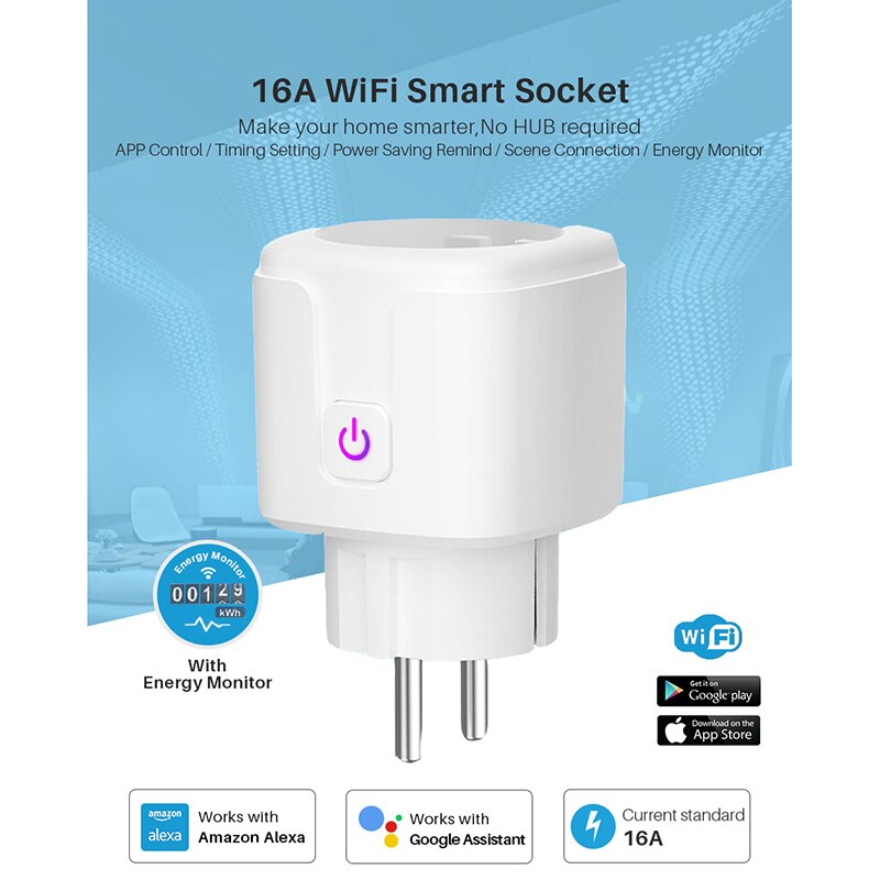 WiFi Smart Wireless Plug EU 16A Adaptor Remote Voice Control Power Energy Monitor Outlet Timer Socket for Alexa Google Home