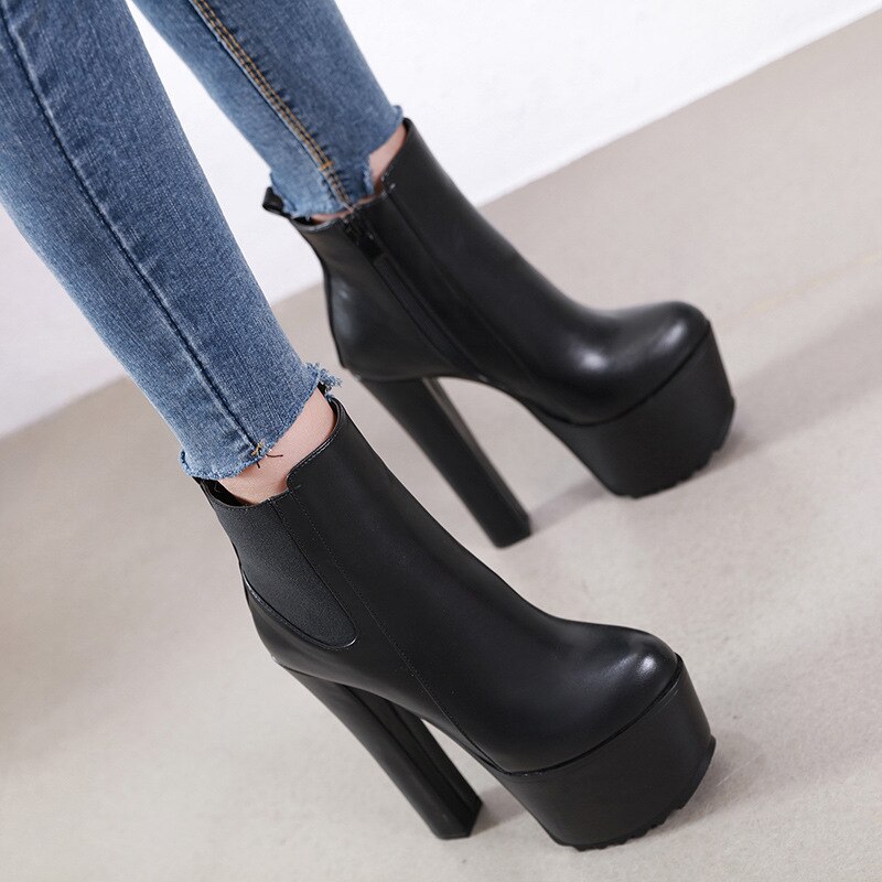 LEOPARD LAND Women's High Heels Winter 16cm Thick Heel Waterproof Platform Boots High Heel Ankle Boots JXQ-8809-6