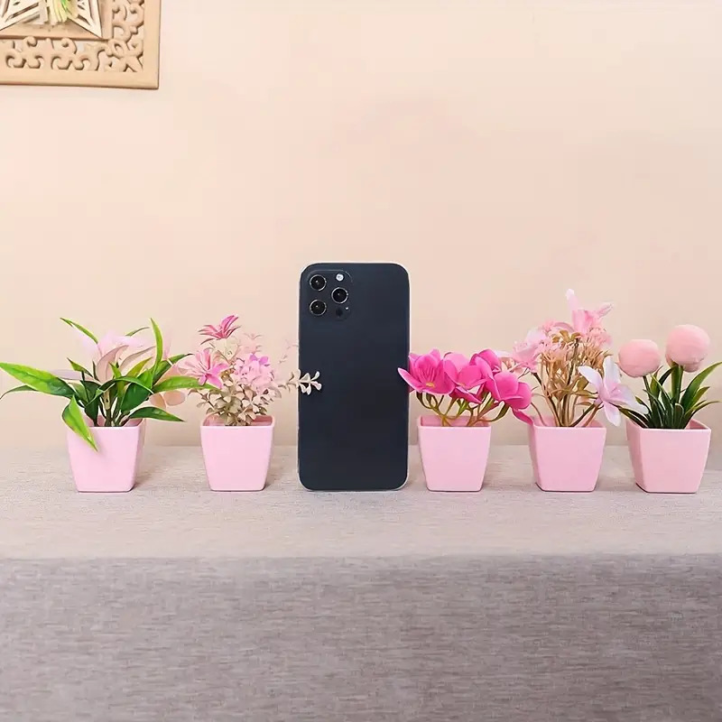 5 plantas suculentas artificiais em vaso rosa - estilo bonsai em miniatura, folhas brancas e verdes, perfeitas para decoração de casa e escritório, Nordi