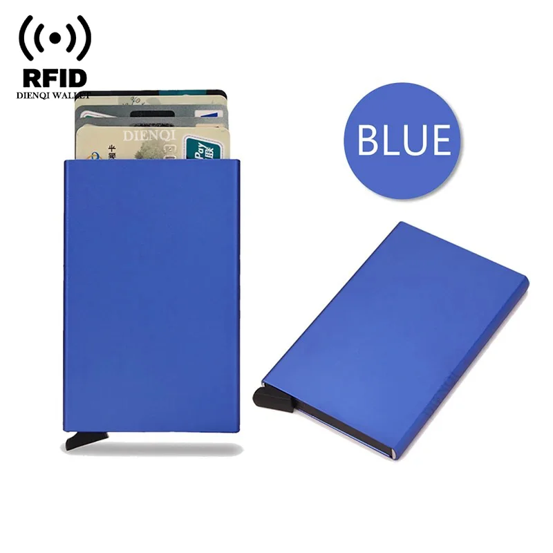 Rfid-Kreditkartenetui, Metall, dünn, schlank, intelligente Geldbörse, Herren- und Damen-Geldbörsen, Pop-Up, minimalistische kleine schwarze Geldbörse, Mini-Geldbörsen für Herren: Blau