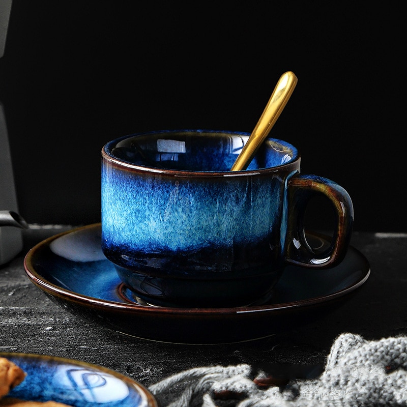 Fashionable porcelain craftsman ceramic coffee cup and dish set breakfast cup afternoon tea Japanese simple Blue