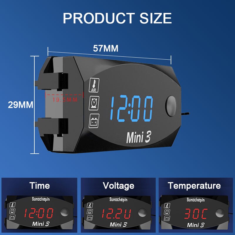 Voltímetro 3 en 1 para motocicleta, pantalla electrónica LED de 12V, muestra el tiempo/temperatura/voltaje, piezas universales para motocicleta