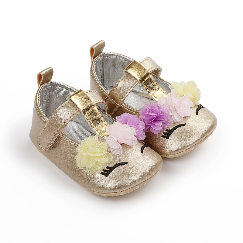 Doux bébé fille princesse chaussures fleur Mary Jane chaussures plates mocassins semelle souple antidérapant en cuir PU chaussures Prewalkers pour la fête quotidienne: Or / 6-9M