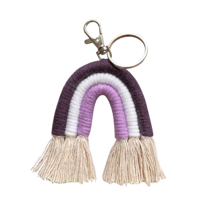 Macrame regnbue nøgleringe boho taske charms med kvaster håndvævet bomuldstilbehør til bilnøgle pung pung hængende dekoration: F