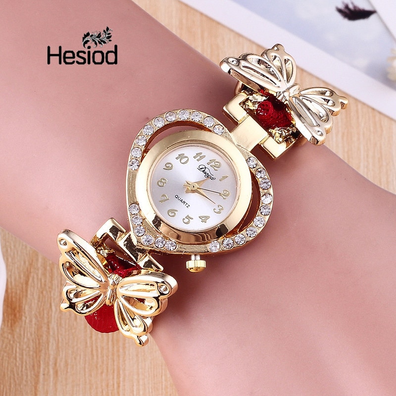 Hesiod Vrouwen Horloge Dames Hart Dial Horloge Klok Vrouwelijke Roestvrij Goud Kleur Vlinder Armband Horloge