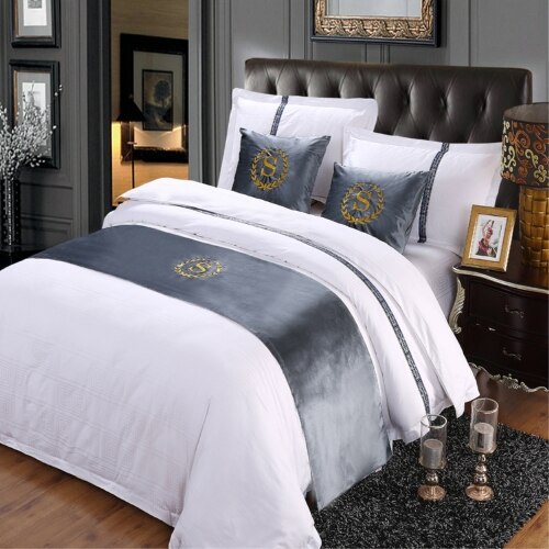 Rayuan Suede Borduurwerk S Teken Dubbele Laag Bed Runner Sjaal Sprei Bed Cover Hotel Beddengoed Decor Koningin King Size: Grey / Queen 50x210cm