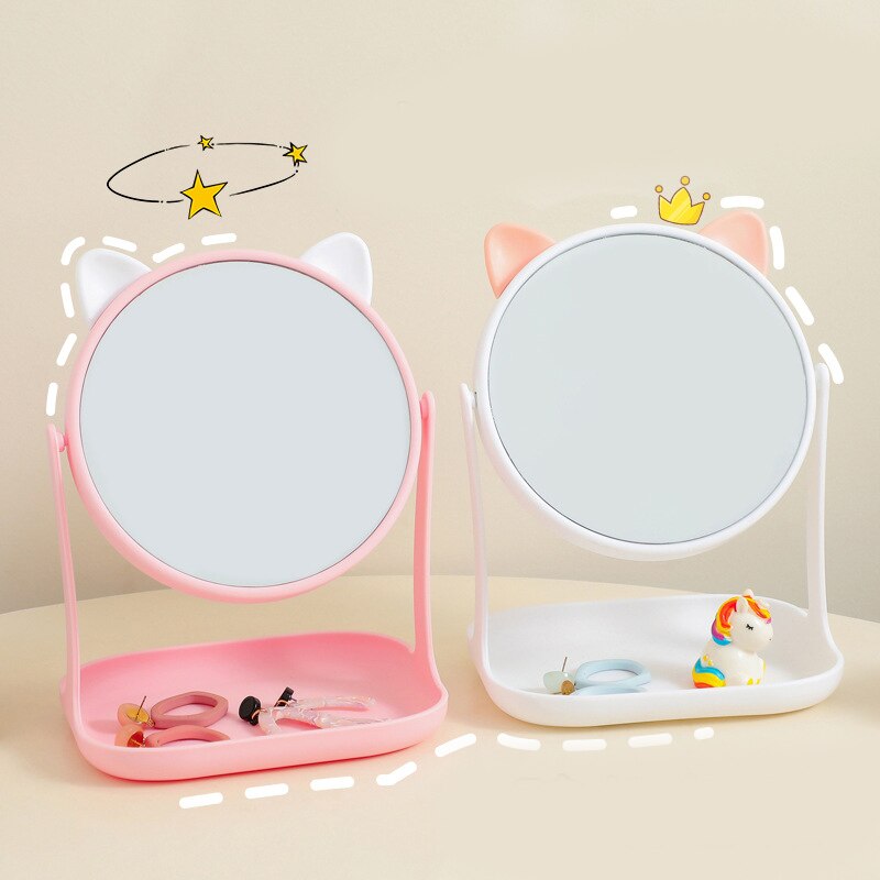 Leuke Draaibaar Make-Up Spiegel Met Kat Oren-Shaped Decor Staande Desktop One-Way Mirror Met Organizer Beauty Tool badkamer