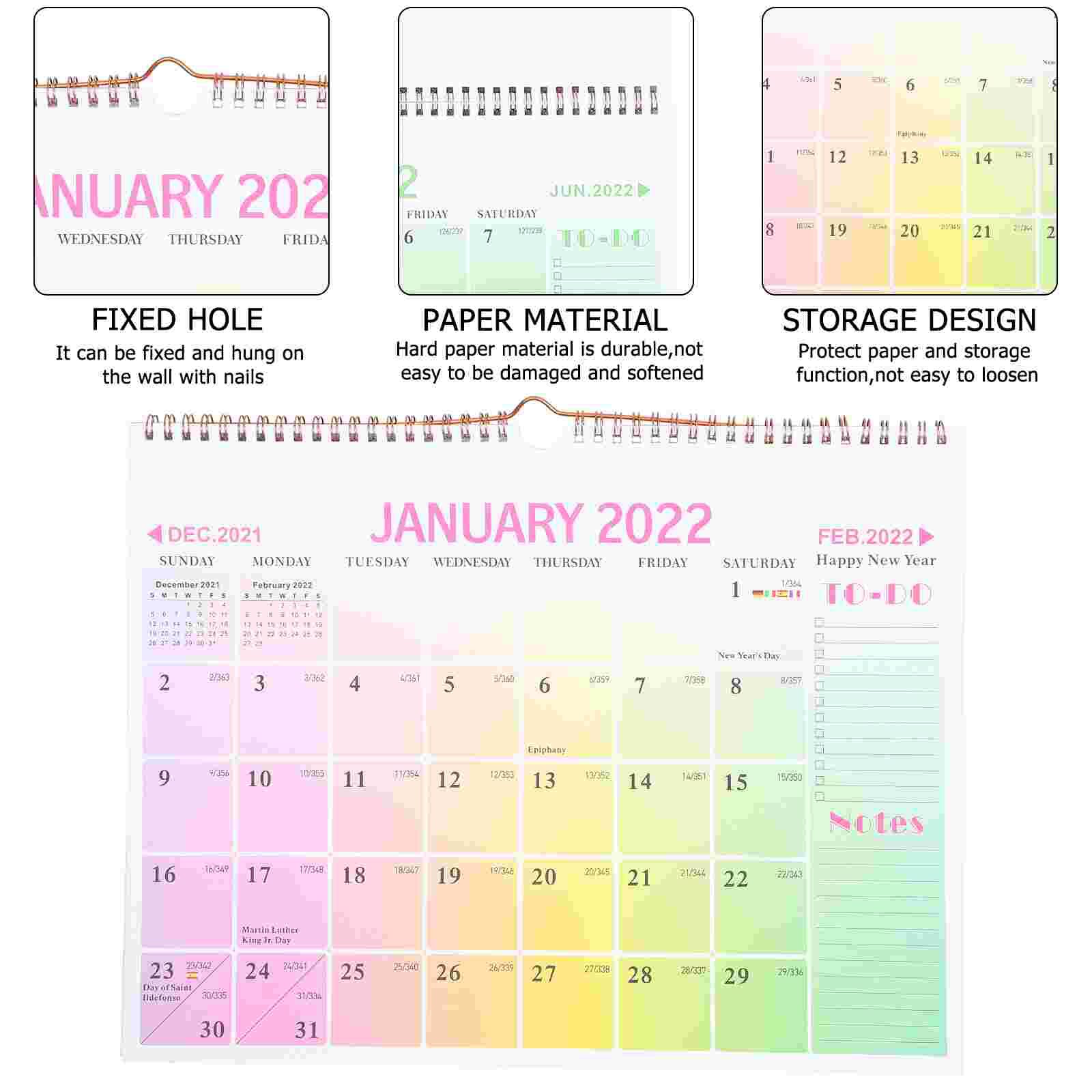 3 pcs Wall-mounted Calendar Printed Planner Note Clocking Home 2022 Calendar