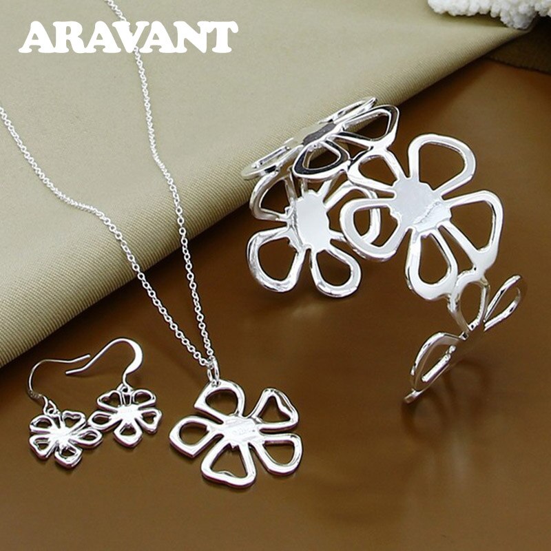 Set di Gioielli delle donne 925 Argento Fortunato Fiori Pendenti Con Gemme E Perle Collana Braccialetti Orecchini Delle Signore Dei Monili
