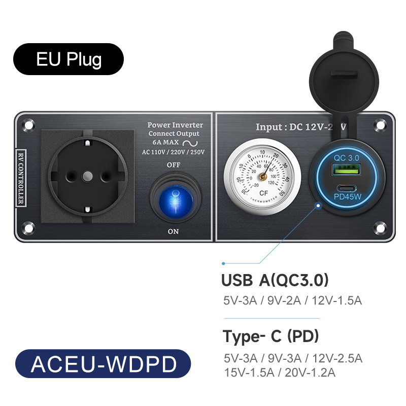 Autoladegerät Multifunktions-Aluminium-Panel-Thermometer AC110V 220V Dual Port USB QC3.0 12V 24V für Wohnmobil-Yacht-Reiseanhänger: Orange