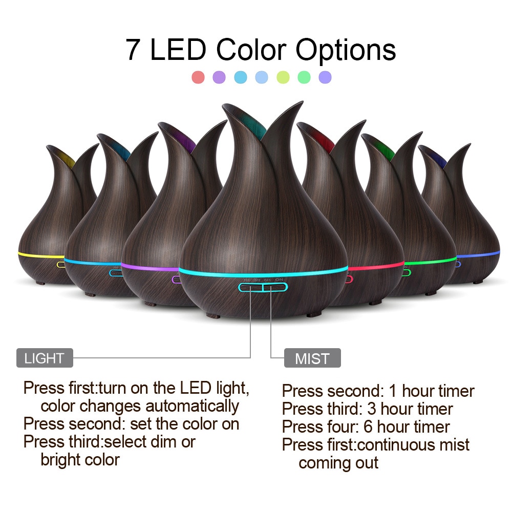 KBAYBO 400ml Aroma Essential Oil Diffuser Ultrasonic Air Humidifier with Wood Grain 7 Color Changing LED Lights for Office Home