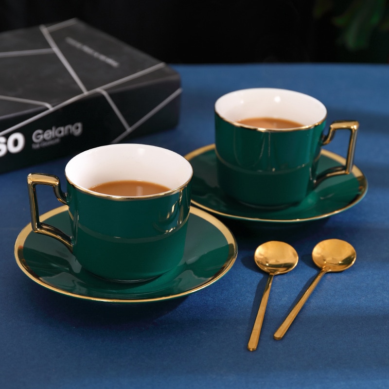 Green Ceramics Cup and Saucer Porcelain Simple Tea Sets Room Coffee Cups Tazas Para Cafe Kitchenware