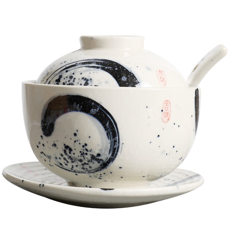 Japanse soepkom aardewerk stoofpot met deksel lepel bodem schotel set eetkamer restaurant mini pot kleine soep dessert cup servies