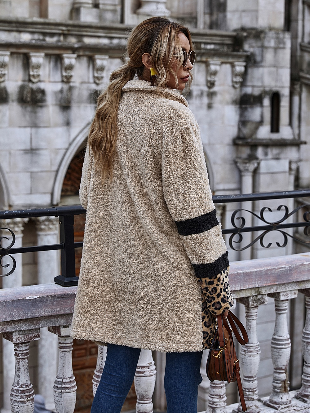 Chaqueta larga de leopardo para mujer, abrigo grueso y cálido de oso de peluche, de lujo, invierno,