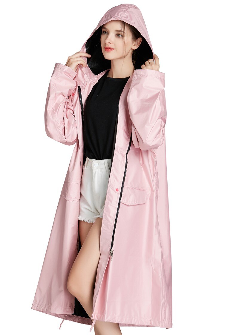 Freesmily Vrouwen Lange Dikke Regen Jas Stijlvolle Waterdichte Regenjas Regen Poncho Cape Met Kap Mouwen En Pocket: Pink / Xl